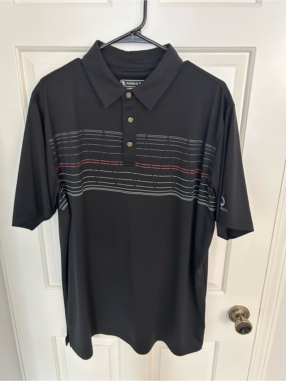 Pebble Beach Black Polo with Thin White and Red Stripes